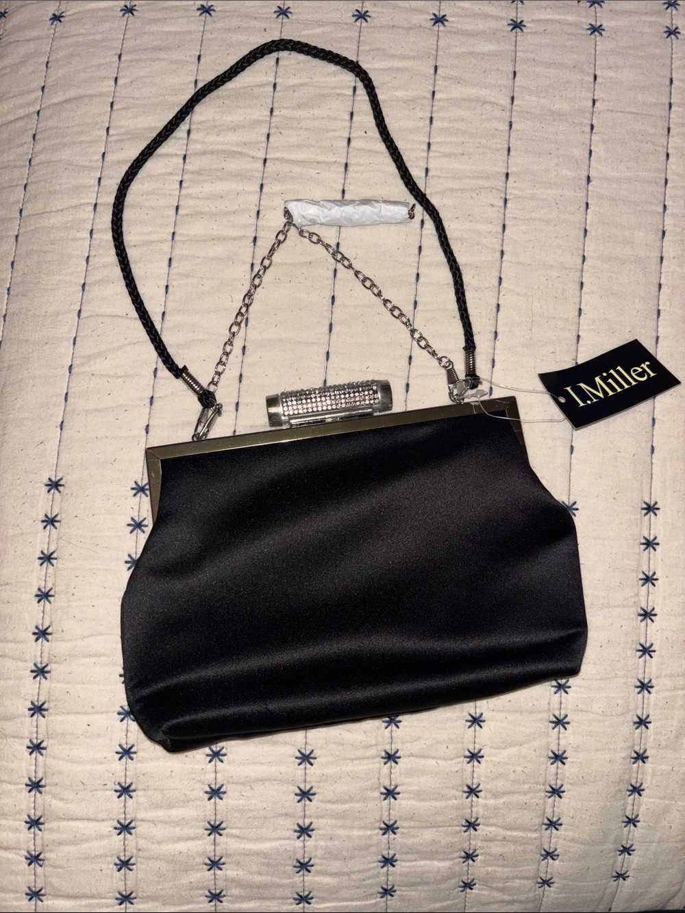 I.Miller Black Satin Evening Clutch with Chain Strap